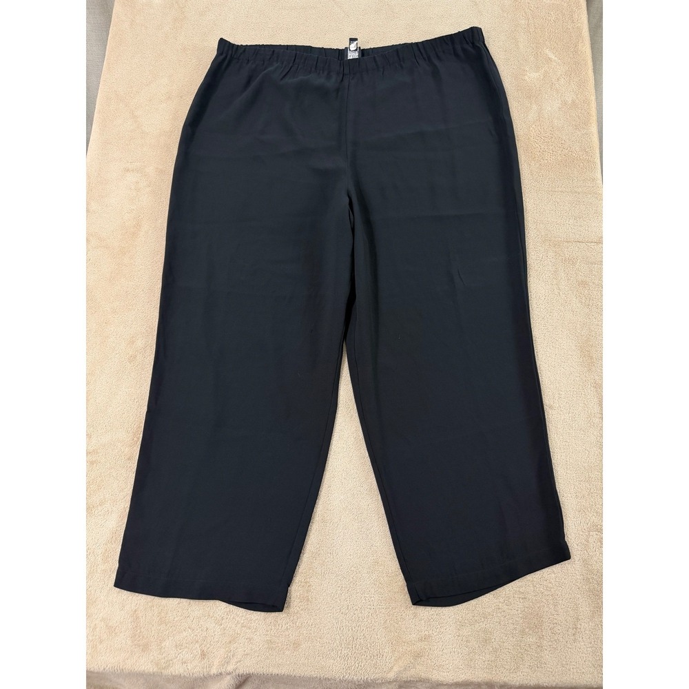 Eileen Fisher pants womens Large Black Crepe Elastic‎ Waist Wide Leg Crop EUC